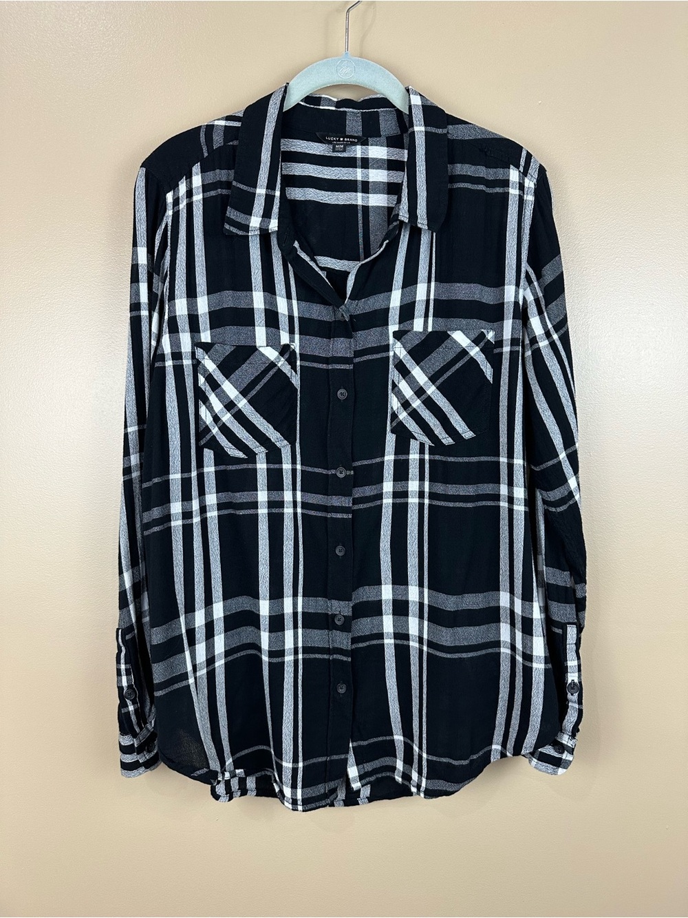 Lucky Brand Womens Black Plaid Button Front Blouse Black White Gray M Y2K Grunge